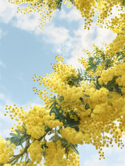 青空に向かって伸びるミモザの枝・鮮やかなコントラストの風景