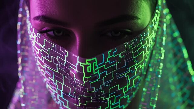 A woman wearing a shiny, pixelated face mask in a dark, futuristic setting, captured in a video portrait.