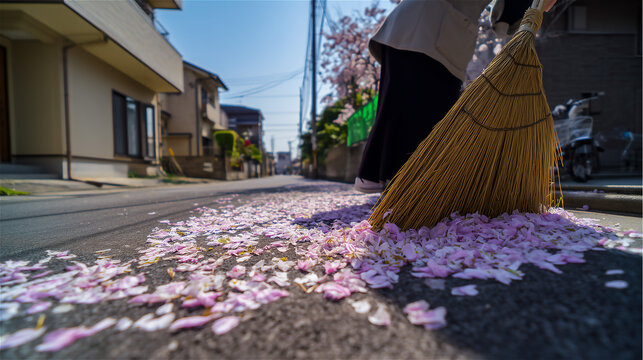 住宅街の道に散った桜を掃除する人の足元と竹箒