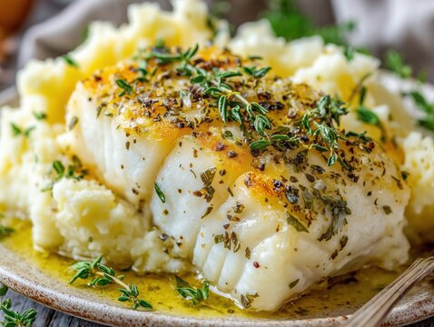 A plate of perfectly seared halibut fillet with lemon and herbs, served alongside classic mashed potatoes in a beige color.