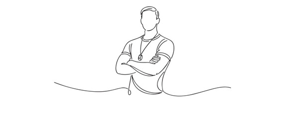Hand drawn continuous line illustration of a fitness trainer standing with folded arms. Single line artwork representing confidence, strength, coaching, and healthy lifestyle concepts.