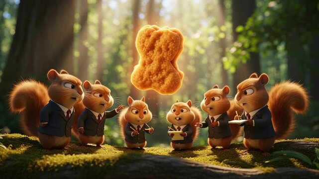 A group of cartoon squirrels in business attire gathered around a glowing nut in a sunny forest clearing video