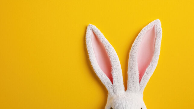 White bunny ears with pink inner fur on bright yellow background create cheerful easter and spring festive atmosphere full of joy and warmth