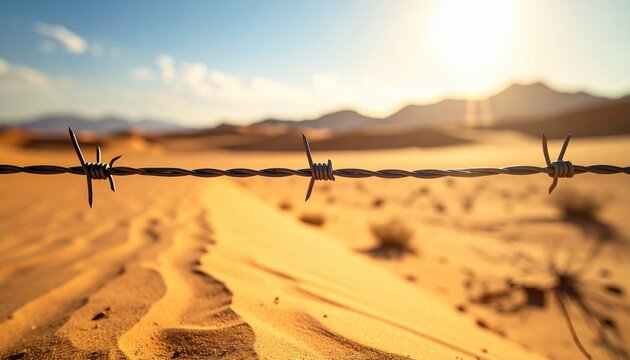 FlyPro_Firefly presents photorealistic DSLR imagery of barbed wire deliberately placed to create a clear boundary, bathed in direct sunlight across an arid desert background.