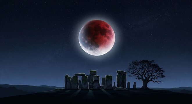 Lunar eclipse with red moon over Stonehenge silhouette at night  