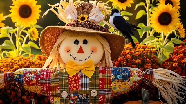 Adorable scarecrow with patchwork clothing amidst sunflowers, pumpkins, and fall blooms