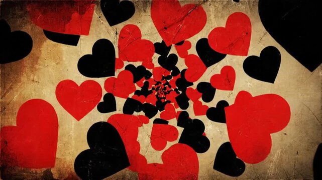 Colorful hearts swirl in a pattern on a textured background