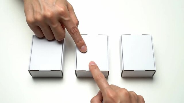Hands Pointing at Three White Boxes on White Background Demonstrating Choice