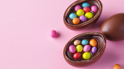 Obraz premium Chocolate egg filled with colorful candy pink background creates joyful easter and spring celebration mood with vibrant colors and festive treats