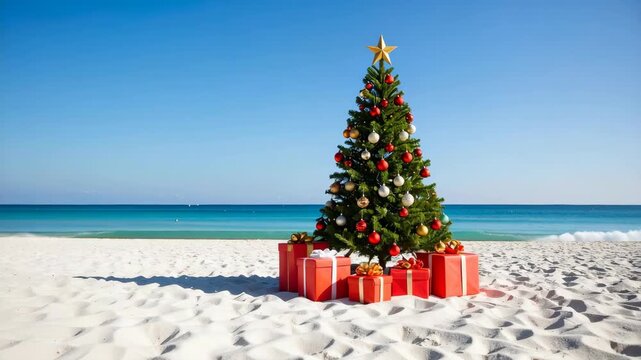 Christmas tree with gifts on a sandy beach with turquoise ocean and clear blue sky