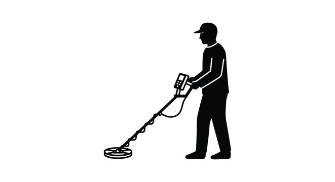 A man is using a metal detector scanning the ground for hidden objects depicted in a stark silhouette