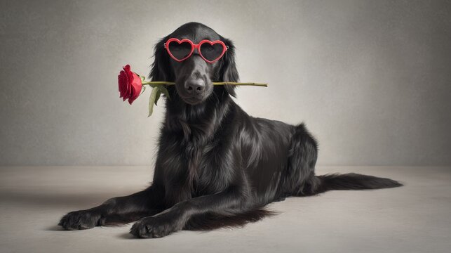 Flat-coated retriever dog wearing red heart-shaped glasses is lying on a neutral studio floor with a rose in its mouth, creating a playful and charming atmosphere for pet lovers