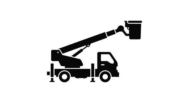 A black silhouette of a cherry picker vehicle with an extended boom showcasing industrial machinery silhouette high quality