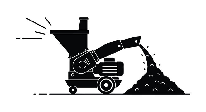 A stark black silhouette depicts a wood chipper machine actively processing branches and creating wood chips silhouette