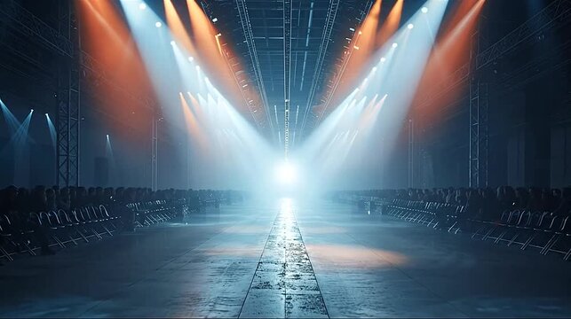 Dramatic empty runway with vibrant spotlights, reflective floor, and audience seating rows