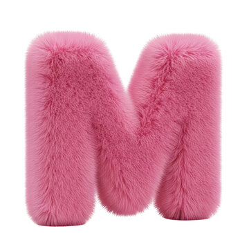 A close-up view of a fluffy pink letter m made of soft material isolated on transparent background