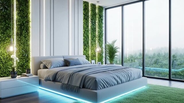 Modern bedroom interior with bed, stylish furniture, window light, and contemporary home design 4k video