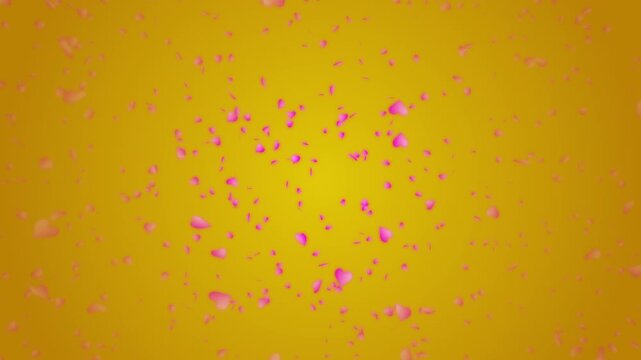 Pink heart shapes being lit up and falling down on gold gradient background. Abstract background for Happy Valentine's day and wedding ceremony.	