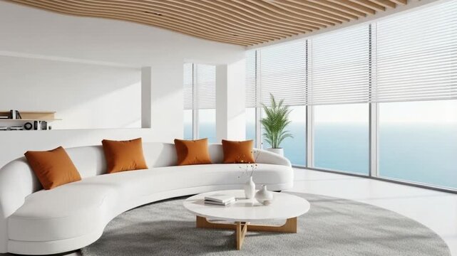 Modern living and dining room interior with stylish furniture, wooden table and chairs, large window, and contemporary home design 4k video