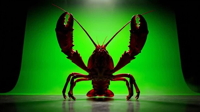 Lobster in spotlight on green background.