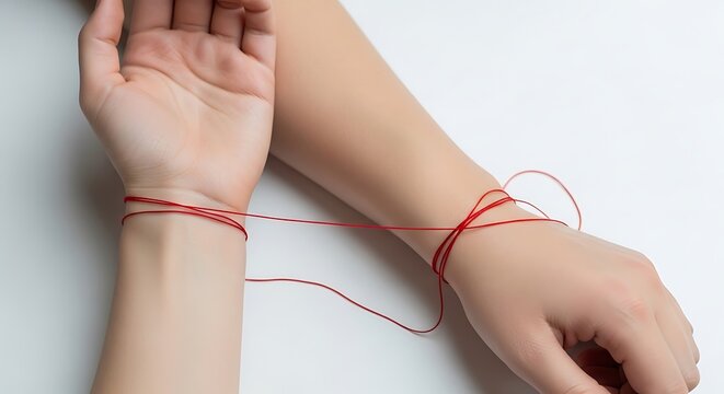 Two arms with red string tied around the wrists on a white background