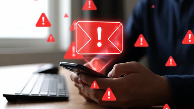 Person hands holding smartphone receiving alert warning message with multiple glowing red email holograms symbolizing phishing scam and cyber threat