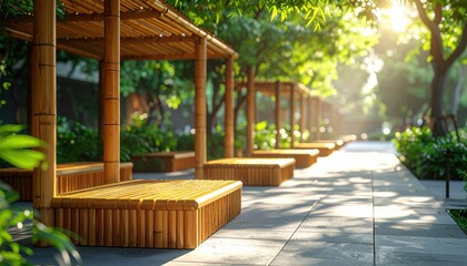 Obraz premium Modern Sustainable Bamboo Structures Offer Shaded Seating in Bustling Urban Park