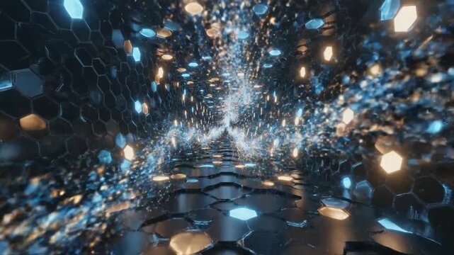 Exploring a digital tunnel filled with blue and orange lights and hexagonal shapes