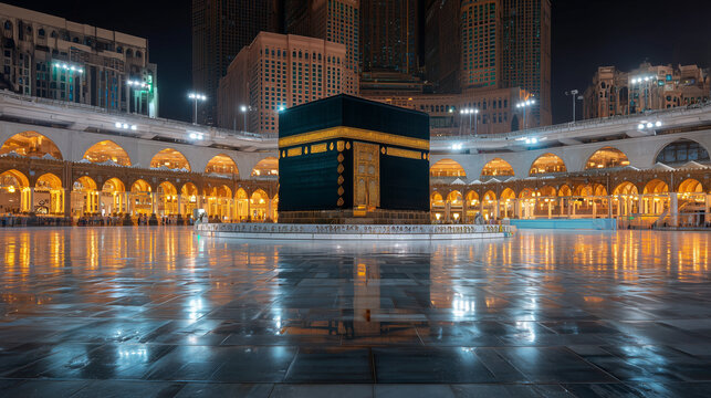 The kaaba at night illuminated with surrounding buildings and reflective ground in mecca saudi arabia