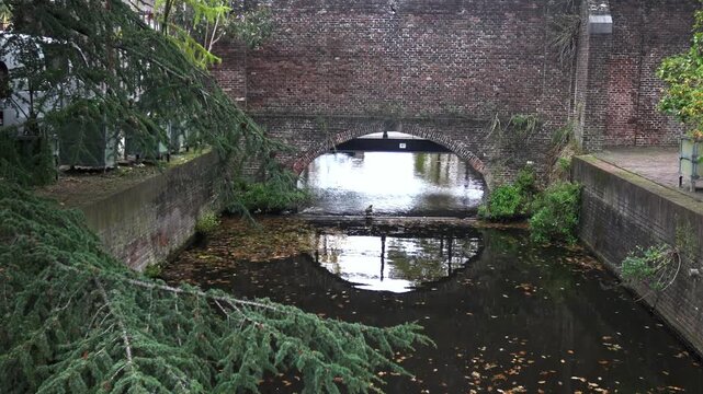 Leiden, Netherlands - February 10, 2025: View of an ancient stone bridge with a small river