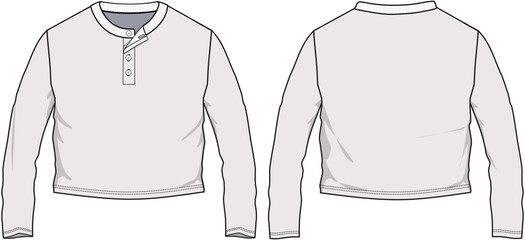 Long Sleeve Henley Button Down Crop T-Shirts Front and Back View. Fashion Illustration, Vector, CAD, Technical Drawing, Flat Drawing, Template, Mockup.