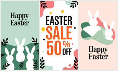 Festive Easter banners with cheerful bunnies, 'Happy Easter' messages, and a '50% Off Sale', presented in a bright, flat spring digital design.