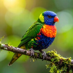 Naklejka premium Vividly colored parrot perched on a mossy branch, sunlight