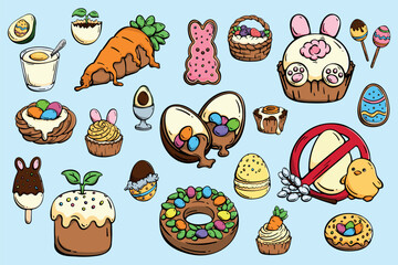 Vegan Easter and Egg Free Dessert Hand Drawn Doodle Icons