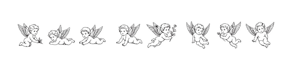 Fototapeta premium Row of playful chubby cherub illustrations for vintage romantic design elements celebration