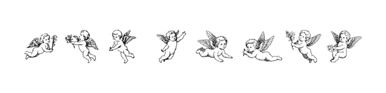 Set of vintage cherub illustrations for romantic holiday design elements decoration