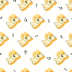 Cute Musical Bear Playing Tuba Seamless Pattern. Perfect for fabric prints, kids' apparel, stationery, wrapping paper, and creative projects related to music and bears. © F-lin