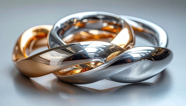 Gleaming bimetallic interlocking rings captured in a high-resolution photographic style, featuring clean, focused studio lighting, inspired by FlyPro Firefly aesthetics.