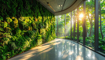 Modern office interior with a lush vertical green moss wall and large windows