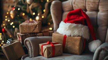 Obraz premium Festive holiday gifts and a Santa hat on a cozy armchair, warm lighting