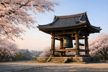 Fototapeta premium Historic Japanese Temple Bell Pavilion Surrounded by Cherry Blossoms at Sunset