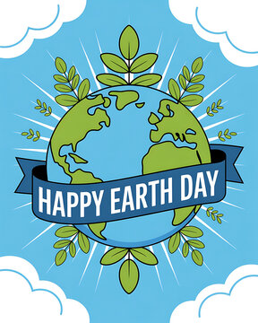 Earth Day illustration with planet, leaves, banner, sunburst, and clouds in blue sky