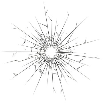Realistic Shattered Glass Hole with Cracks and Flying Shards