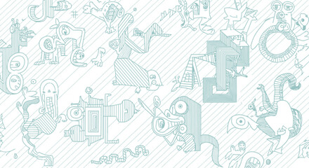 Whimsical hand drawn doodle monsters and creatures on diagonal striped background for children book and nursery decor