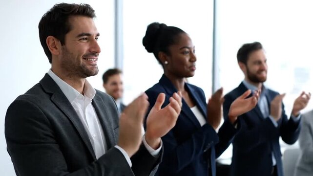 Diverse group of happy business professionals in formal attire applauding enthusiastically during a corporate event or successful meeting acknowledging achievement and shared accomplishment.