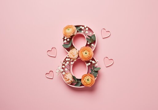 Creative floral number eight with decorative hearts on pastel background