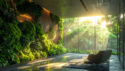 Eco-friendly architectural design featuring a living plant wall in a bright hallway