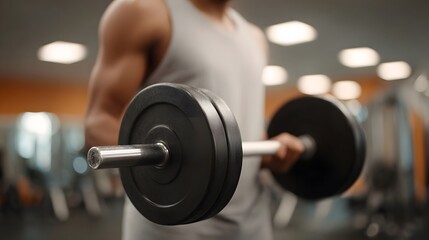 Fototapeta premium A man s muscular arm performing a bicep curl with a heavy barbell in a fitness gym focused on strength training and muscle building