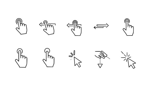 Touchscreen gesture and mouse pointer black white icon set flat vector