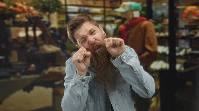 Bearded man in denim jacket pinches under eyes for mock crying in a clothing store building; humor parody mockery.